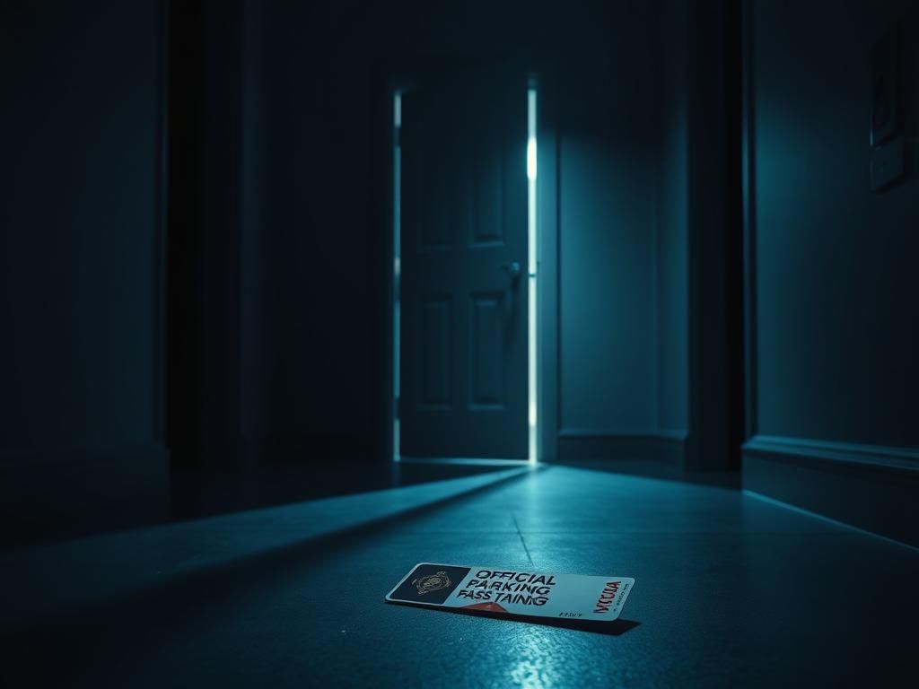Flick International A dimly lit corridor in the Cannon House Office Building with a slightly ajar locked door and discarded parking pass on the floor.