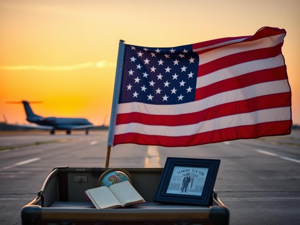 Flick International Serene airport runway at dawn with American flag and vintage suitcase symbolizing freedom