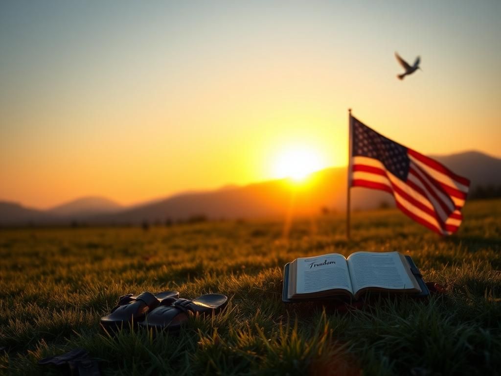 Flick International Majestic sunrise over an American landscape with the American flag and symbols of freedom.