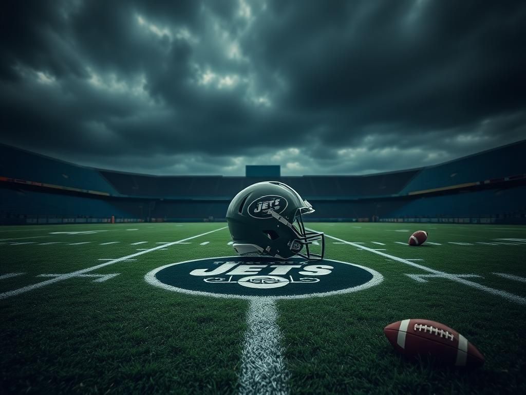 Flick International Abandoned New York Jets helmet on football field under stormy skies