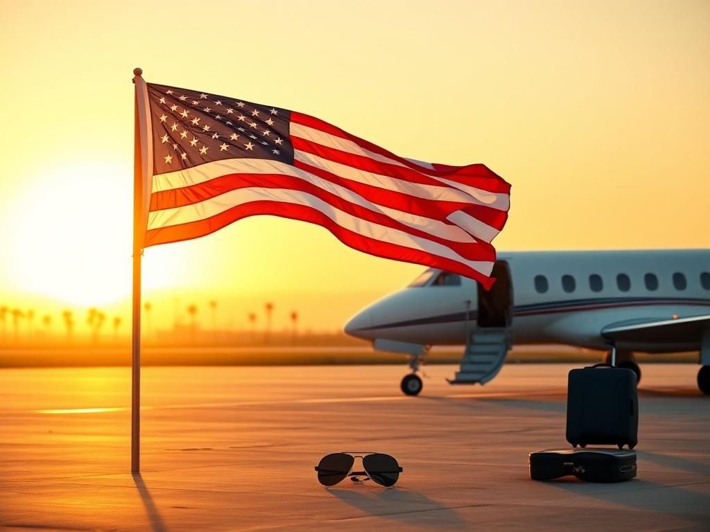 Flick International American flag waving at sunset on an airport tarmac symbolizing freedom