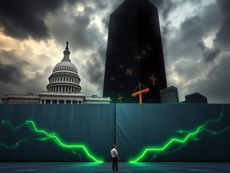 Flick International Illustration depicting the conflict between federal authority and corporate power, featuring a government building and a corporate skyscraper.