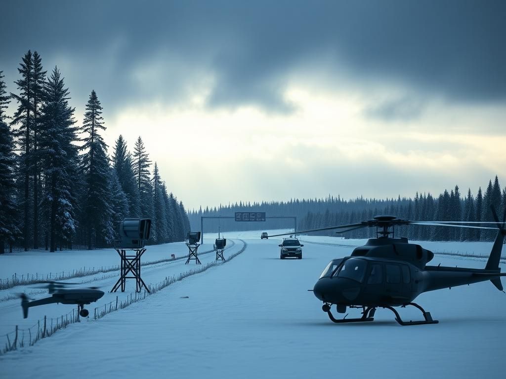 Flick International Winter landscape at U.S.-Canada border with law enforcement tools against fentanyl trafficking