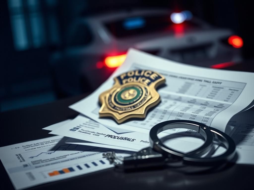 Flick International Police badge on a table surrounded by financial reports and handcuffs