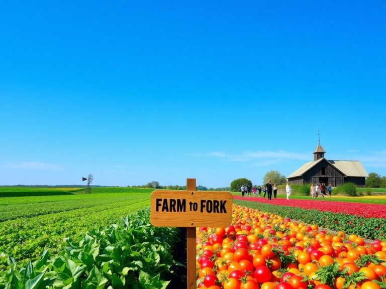 Flick International A vibrant farm landscape with colorful fruits and vegetables under a blue sky