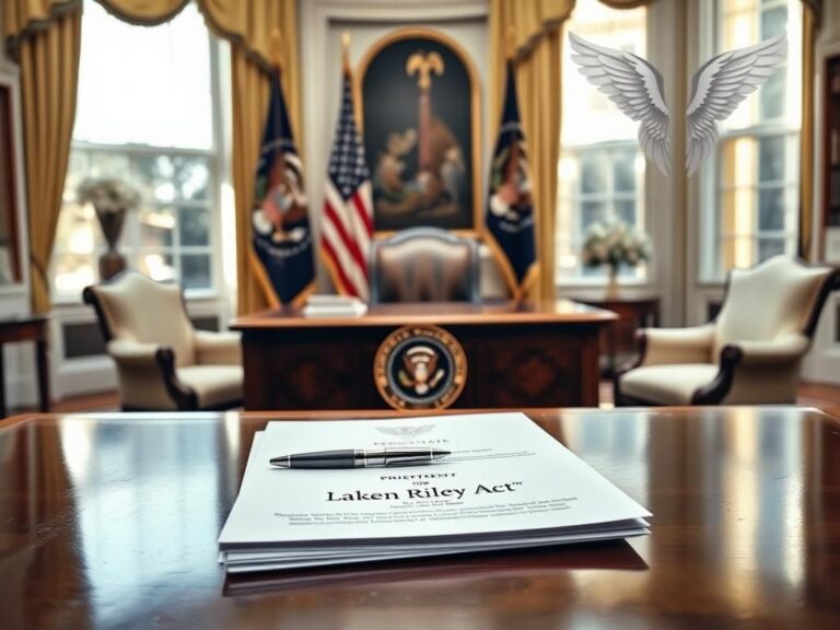 Flick International A beautifully decorated wooden desk in the Oval Office with the Laken Riley Act papers and a silver pen