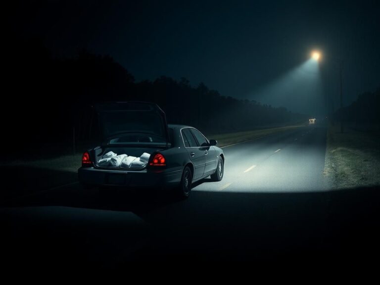 Flick International Police vehicle at a deserted road during a drug trafficking investigation