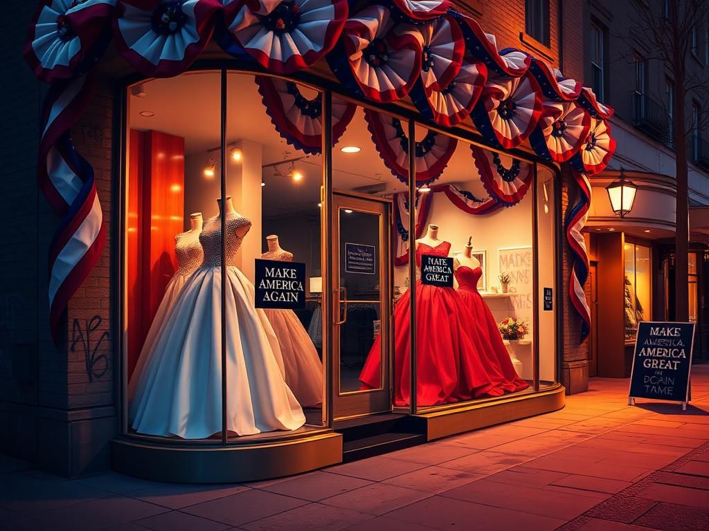 Flick International Vibrant fashion boutique storefront with patriotic red, white, and blue decorations