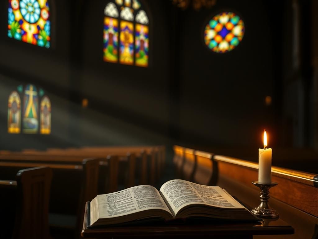 Flick International Interior of a dimly lit church with colorful stained glass and a flickering candle