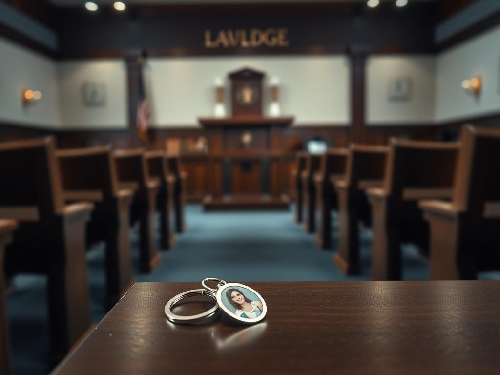 Flick International Delicate silver keychain with a photo of a young cheerleader, symbolizing loss in a courtroom setting