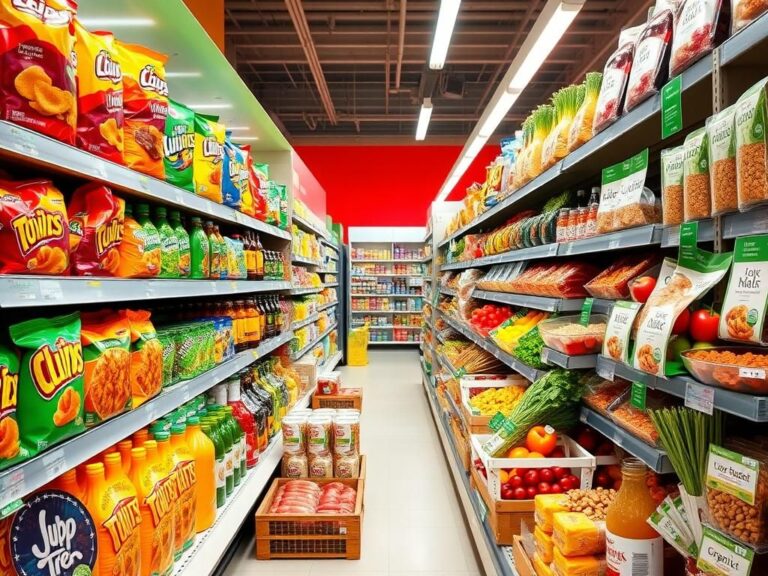 Flick International A vibrant supermarket aisle showing a contrast between ultra-processed foods and fresh, whole foods.