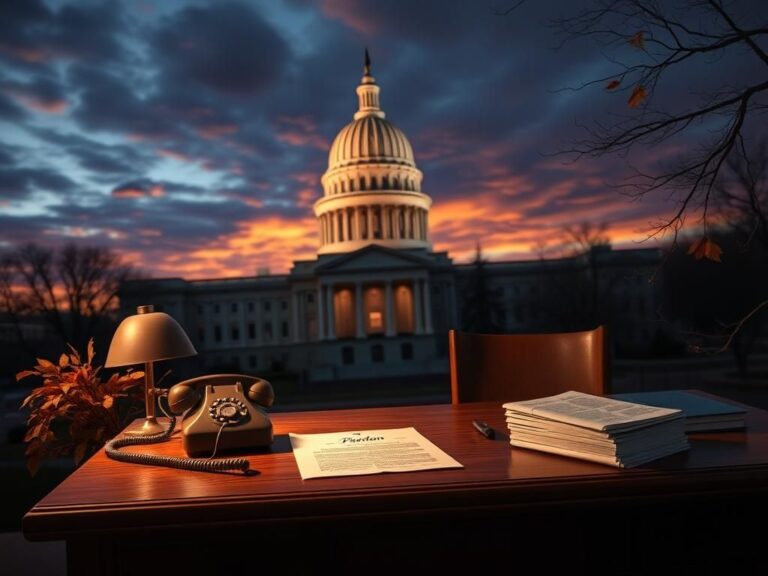 Flick International Somber scene of the Illinois State Capitol building at dusk, symbolizing Rod Blagojevich's political journey