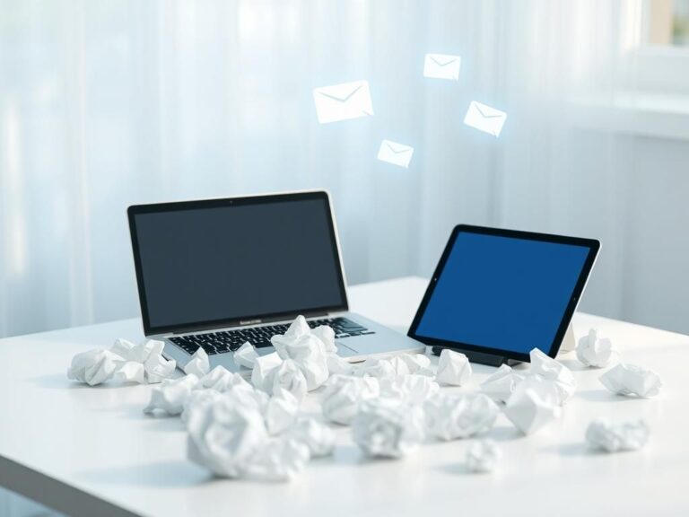 Flick International A sleek MacBook and an iPad surrounded by crumpled paper balls symbolizing digital clutter