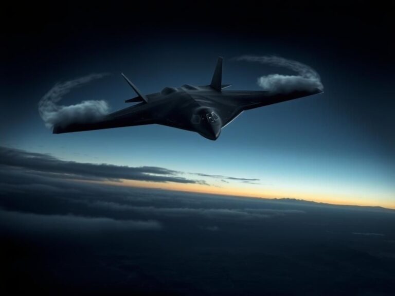 Flick International A stealthy B-2 Spirit bomber soaring through a dusky sky above a rugged landscape