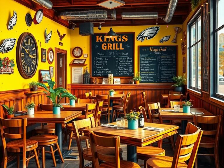 Flick International Cozy interior of Kings Grill restaurant with rustic decor and Eagles memorabilia