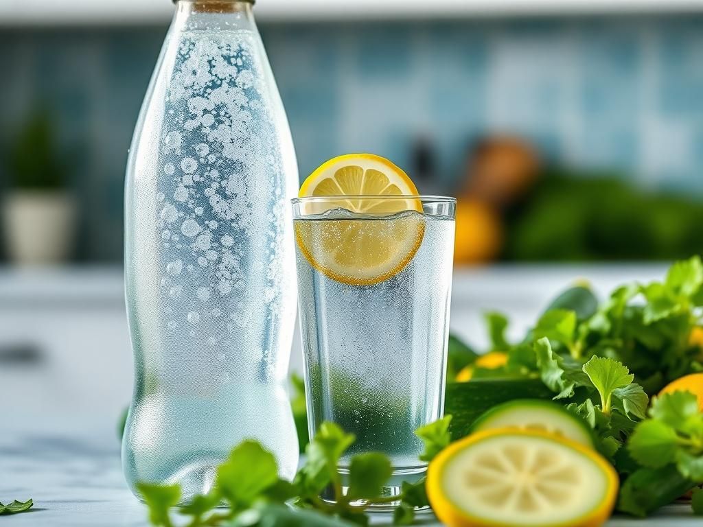 Flick International Close-up of a sparkling water bottle with bubbles in a bright kitchen setting