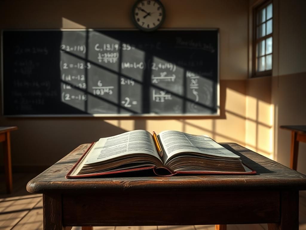 Flick International A stark classroom scene with a worn-out wooden desk and a dusty textbook symbolizing neglected education