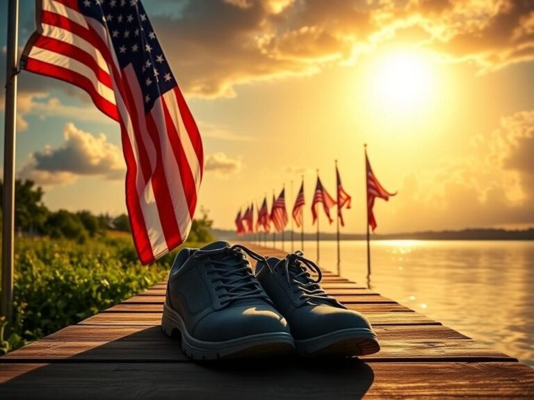 Flick International American flag waving at sunrise with empty shoes on dock symbolizing homecoming