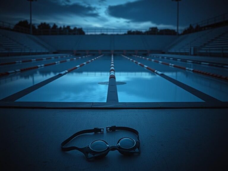 Flick International Abandoned swim goggles on the edge of a somber swimming pool at dusk