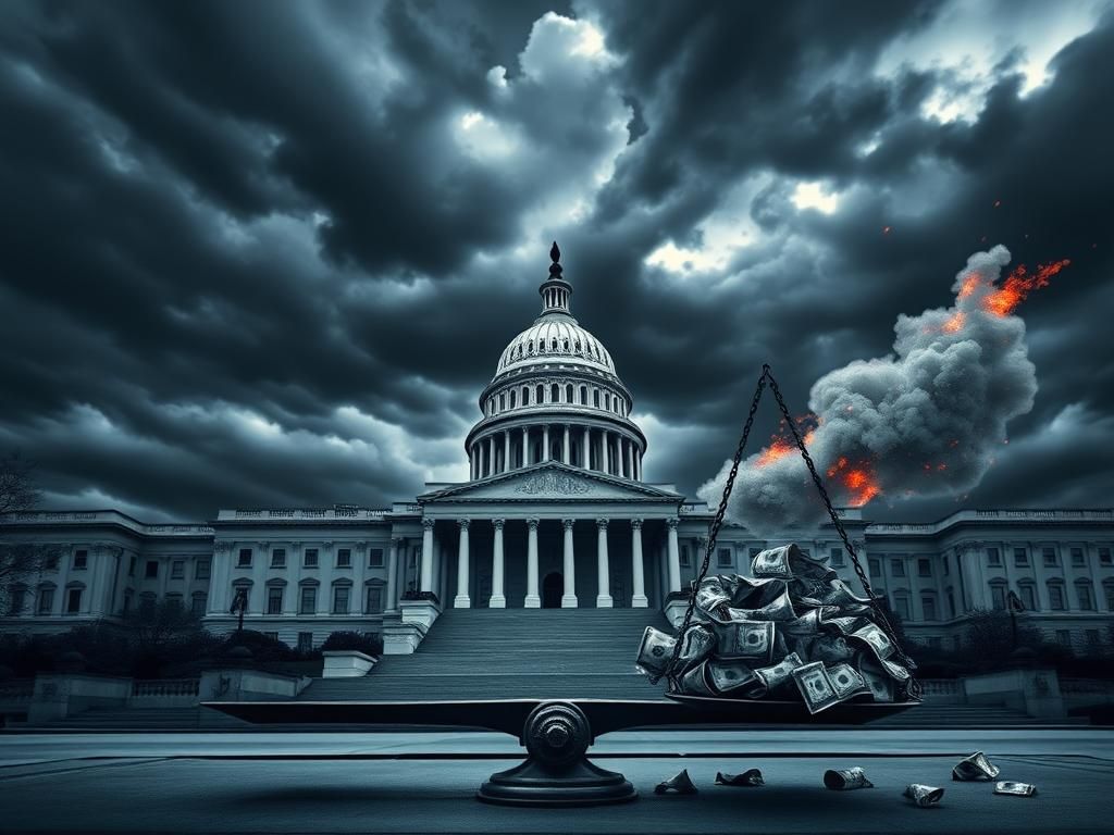 Flick International Dramatic exterior of the U.S. Capitol under an overcast sky symbolizing tension and conflict.