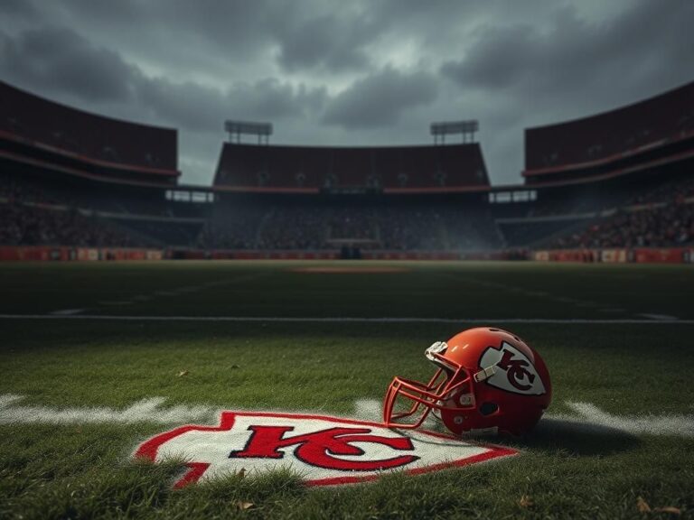 Flick International Empty football stadium with a discarded Chiefs helmet symbolizing defeat