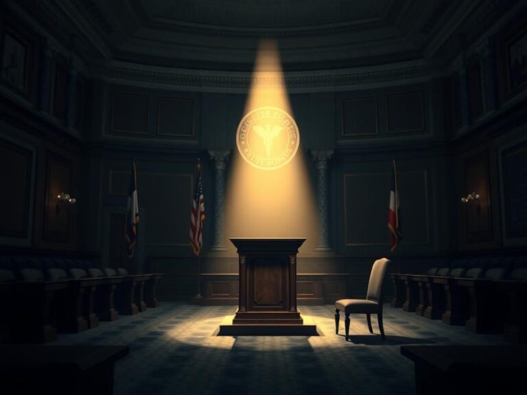 Flick International Dimly lit House chamber with empty podium and flags