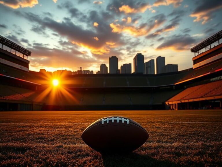 Flick International Dramatic sunset over Heinz Field, highlighting the Pittsburgh Steelers' colors with an empty football field