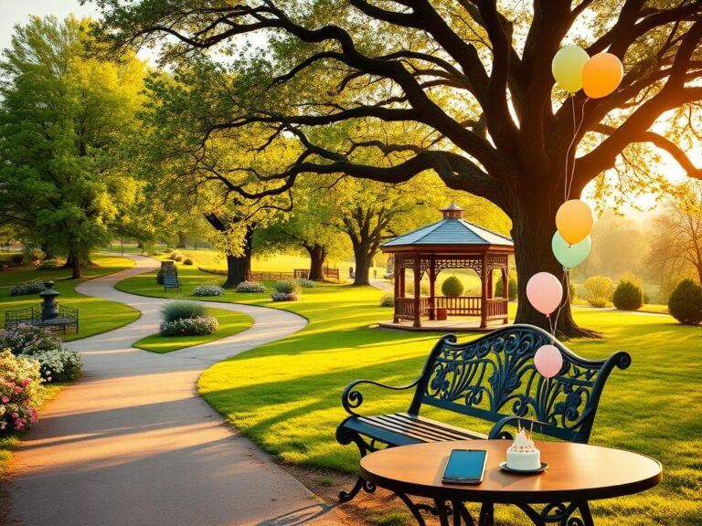 Flick International Serene park setting with a wooden bench and colorful gazebo celebrating a WWII veteran's 100th birthday