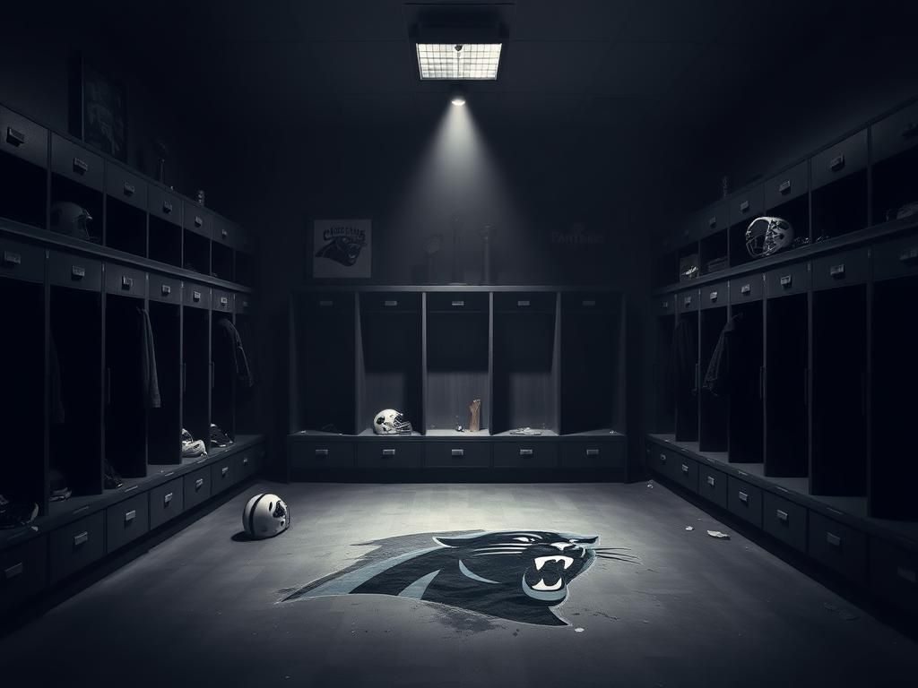 Flick International Dramatic monochrome image of an empty football locker room with dark wooden lockers and scattered shoulder pads and helmets.