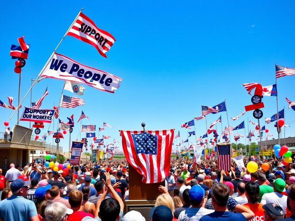 Flick International Outdoor rally with an energetic crowd and a podium draped in an American flag