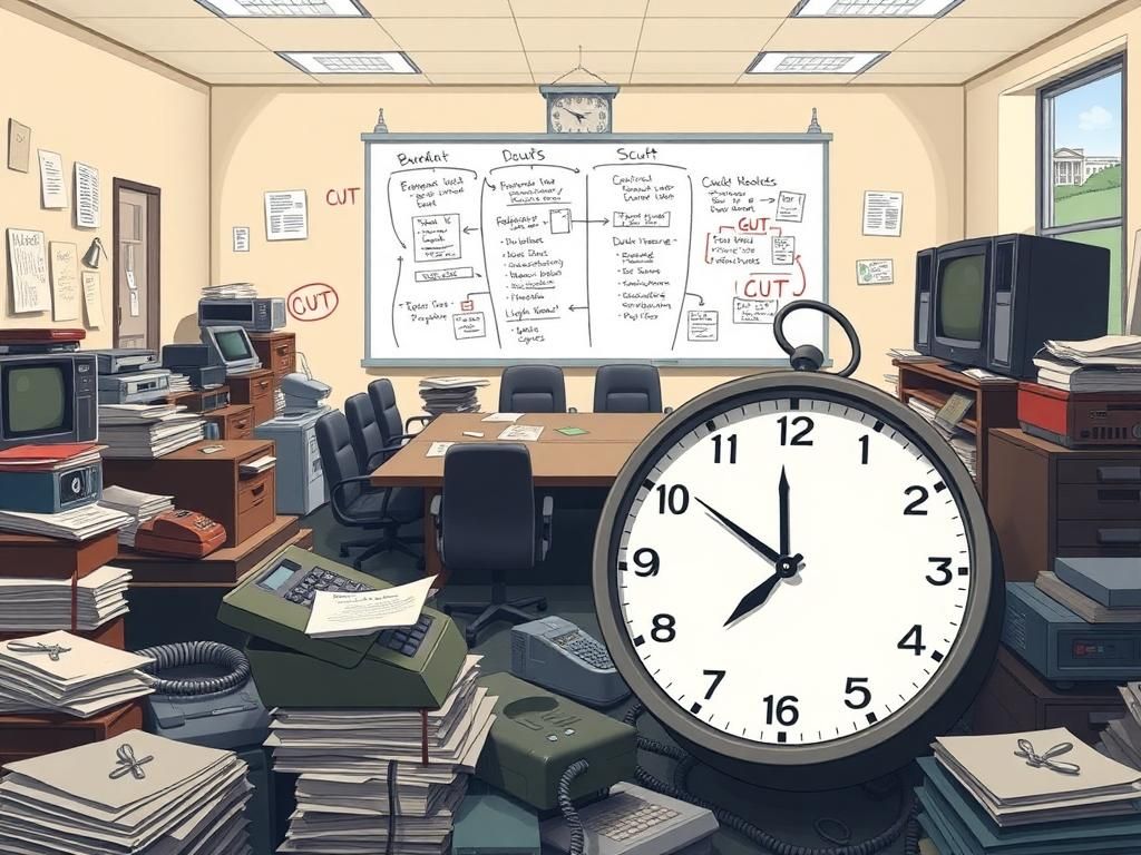 Flick International A conceptual illustration depicting a chaotic government office filled with outdated technology and papers