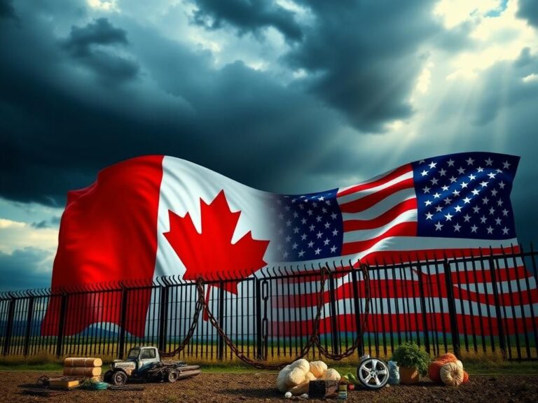 Flick International A dramatic landscape showcasing the Canada-U.S. border, featuring a large maple leaf and an American flag.