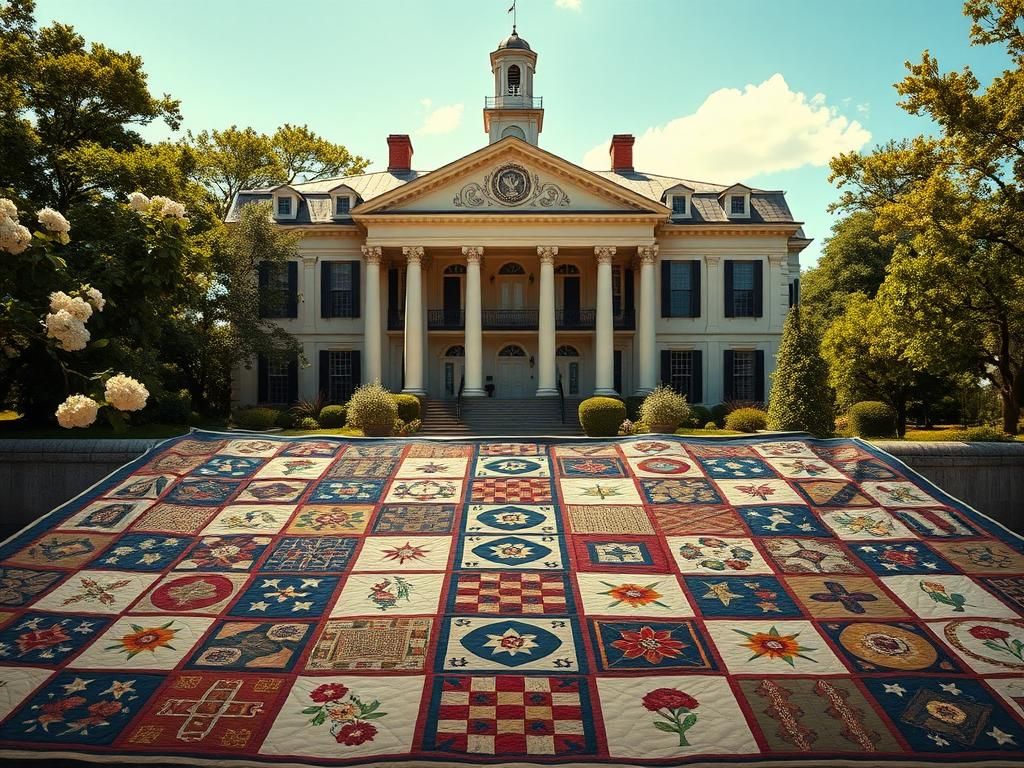 Flick International Vintage-style backdrop featuring an elegant historic building with colonial architecture and a large quilt representing diversity and inclusivity.