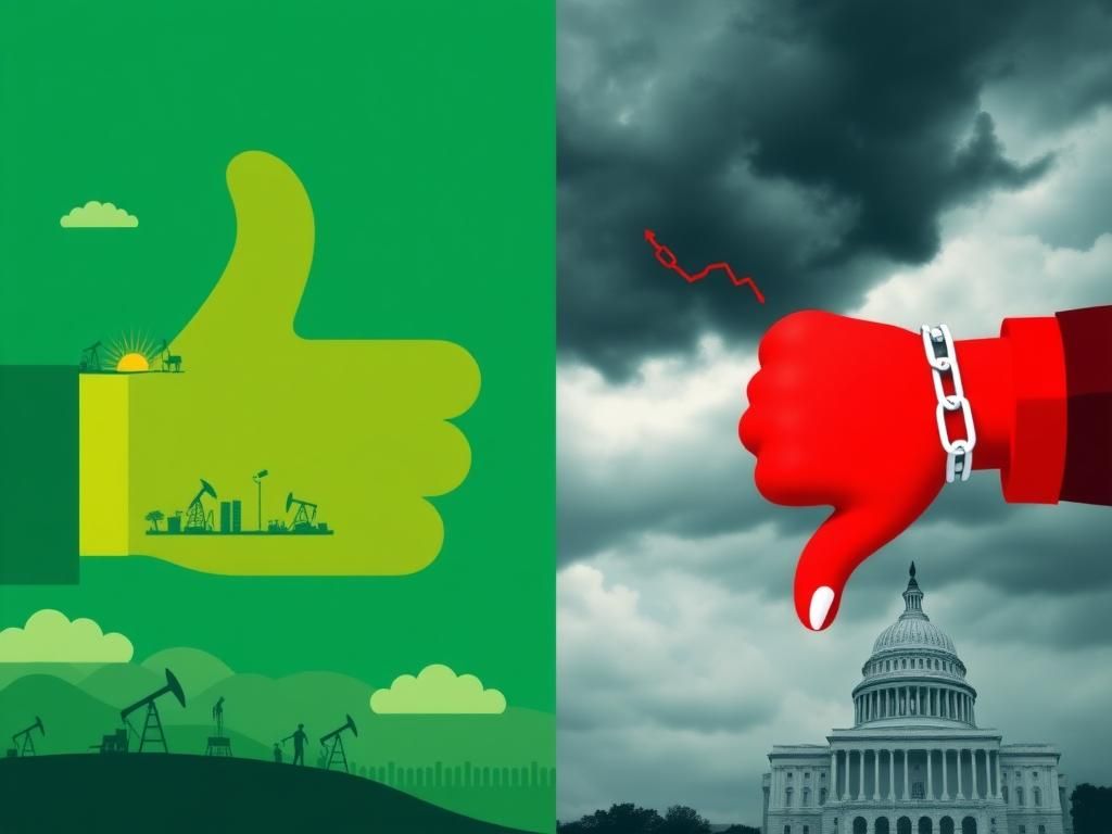 Flick International A split image contrasting support and opposition to Trump policies with a green thumbs up and red thumbs down.