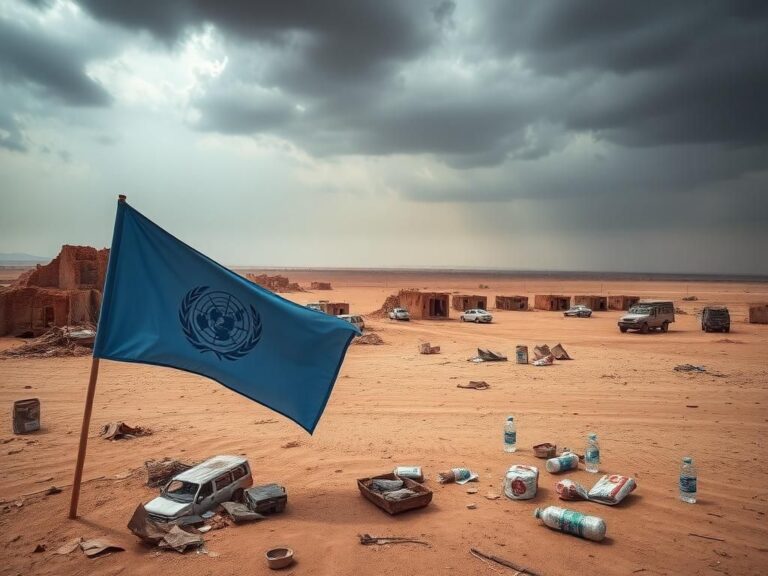 Flick International A desolate landscape in northern Saada, Yemen, with crumbling buildings and a tattered UN flag