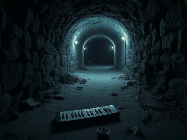 Flick International Dimly lit underground tunnel with rough stone walls and a solitary piano key symbolizing lost dreams