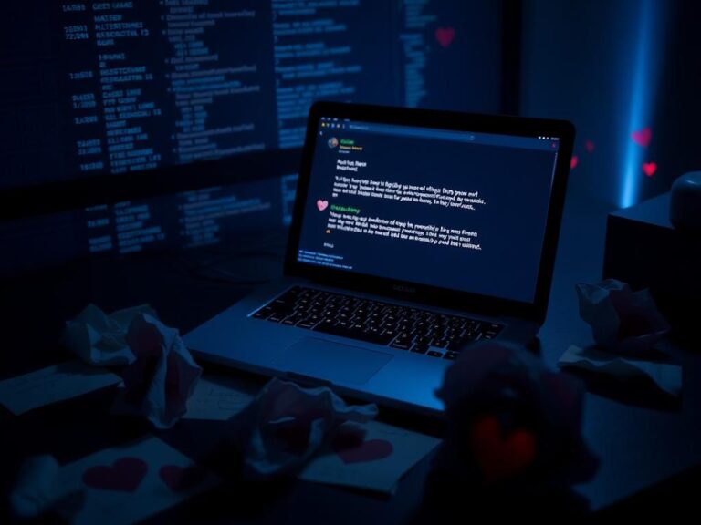 Flick International A dark, moody desk scene showcasing a glowing laptop with an open dating app against a backdrop of crumpled love letters and credit card bills.