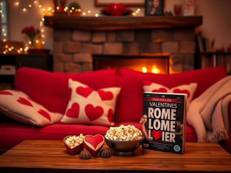 Flick International Cozy living room scene set for Valentine's Day movie night