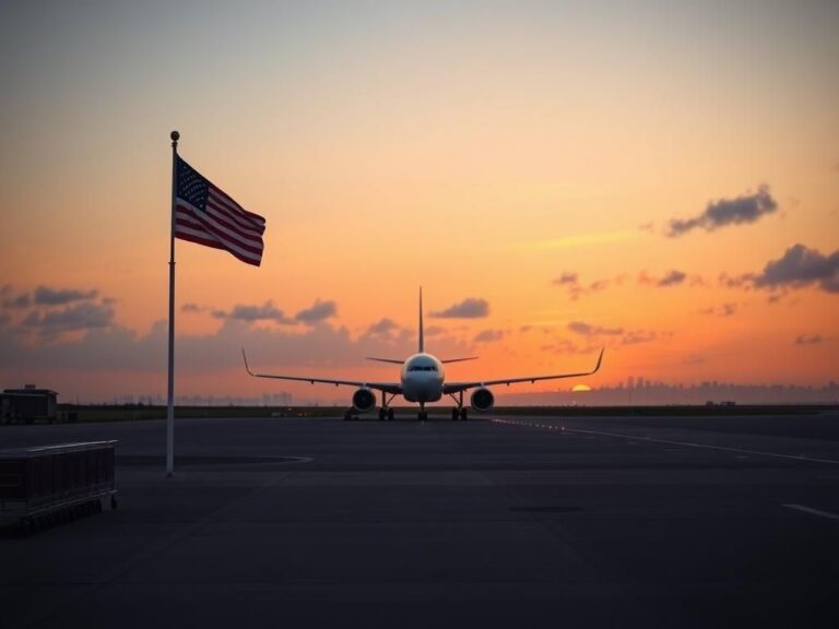 Flick International A serene airport tarmac at sunset with an American flag and a parked plane symbolizing arrival and reunion