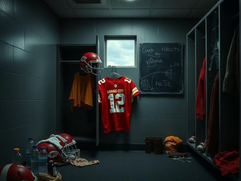 Flick International Kansas City Chiefs locker room with football equipment after Super Bowl loss