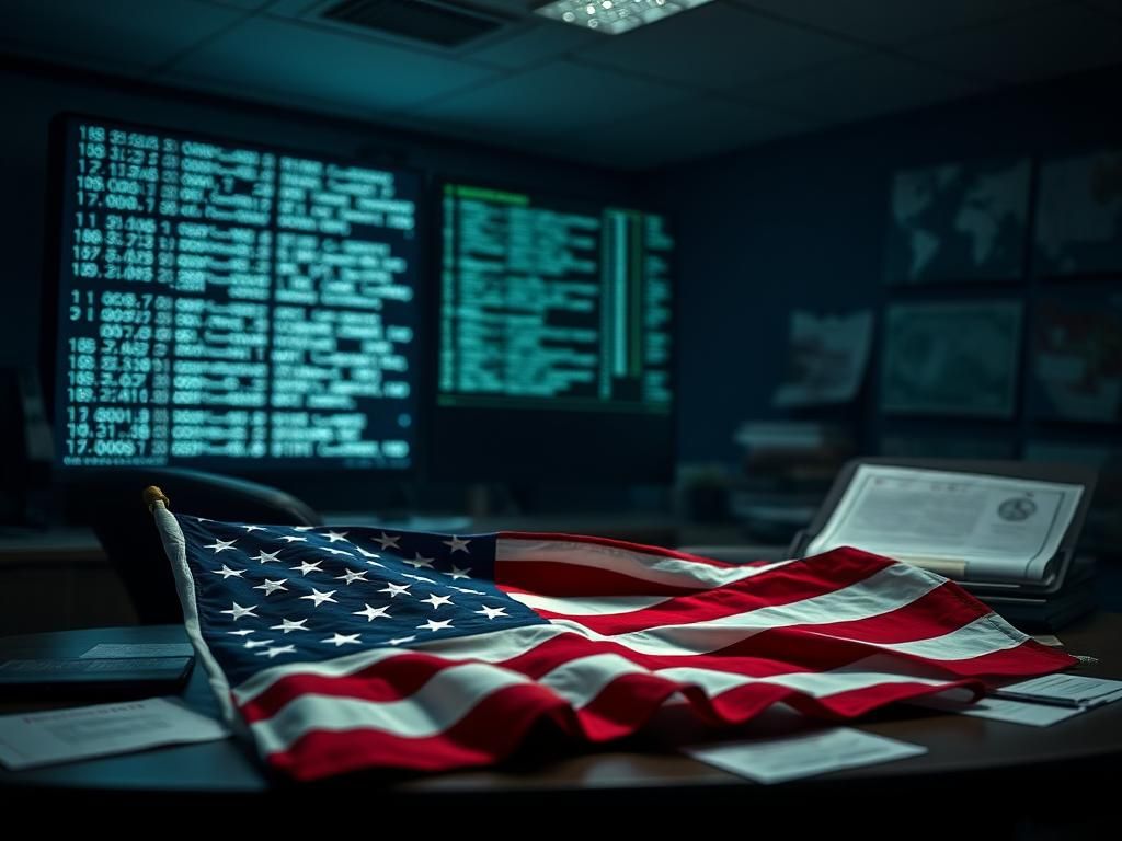 Flick International Dimly lit office with a large computer screen displaying codes and a torn American flag symbolizing immigration tensions