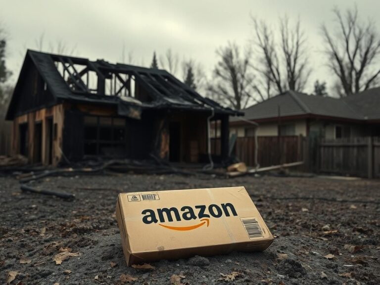 Flick International Charred remnants of a house with an unopened Amazon package on the ground after LA fires