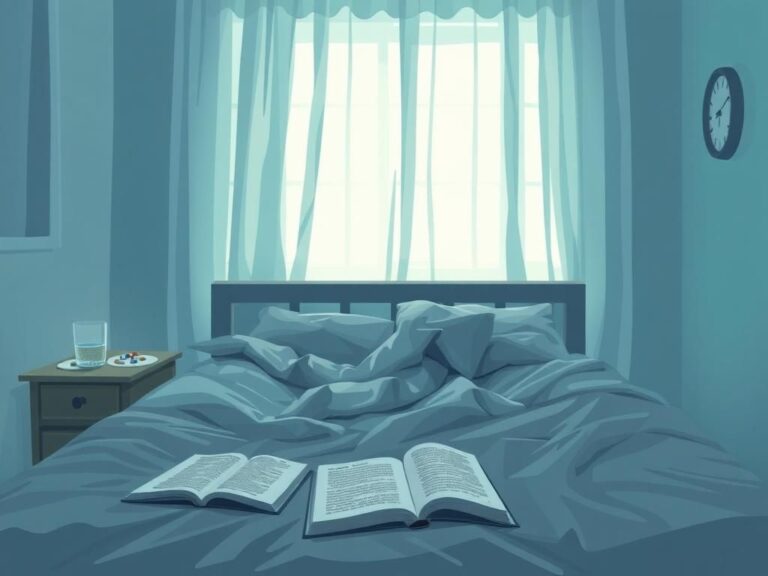 Flick International A conceptual illustration of a dimly lit room with an unmade bed symbolizing chronic fatigue.