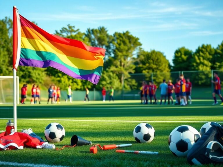 Flick International Vibrant rainbow flag waving on a high school soccer field in Maine, promoting inclusivity in sports.