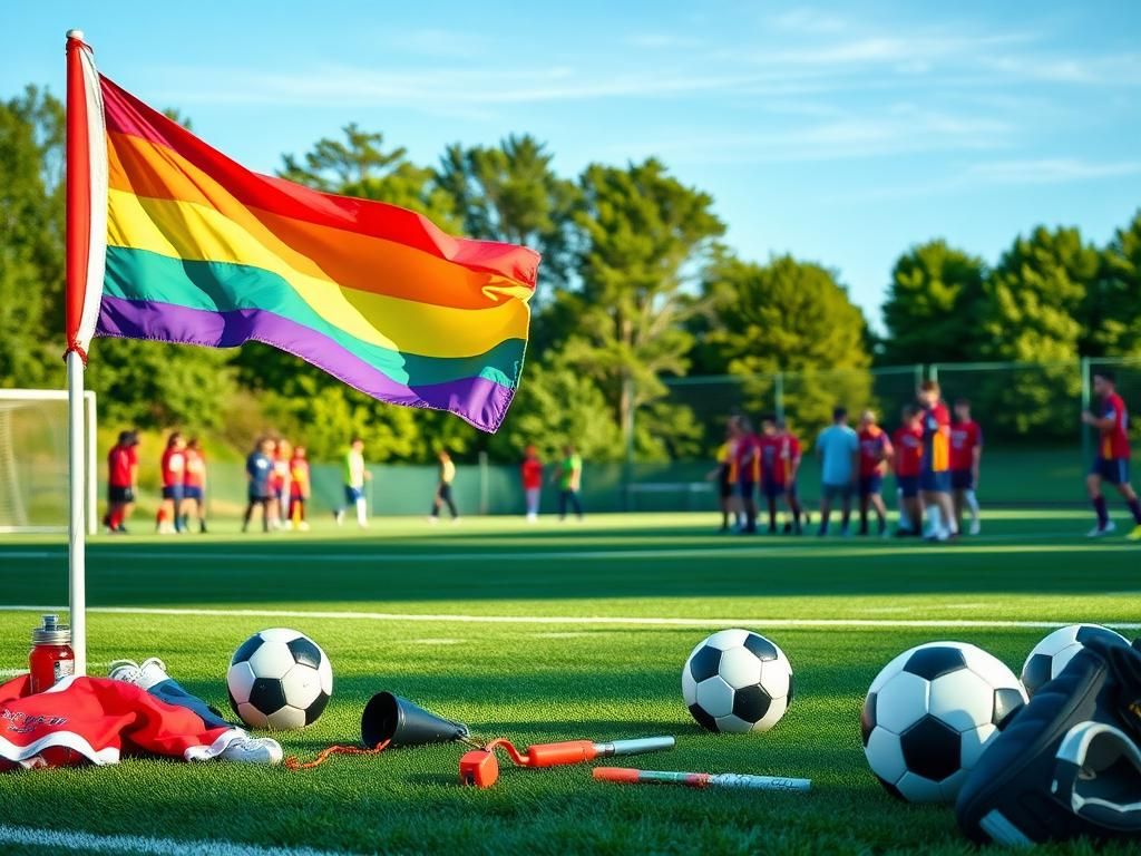 Flick International Vibrant rainbow flag waving on a high school soccer field in Maine, promoting inclusivity in sports.