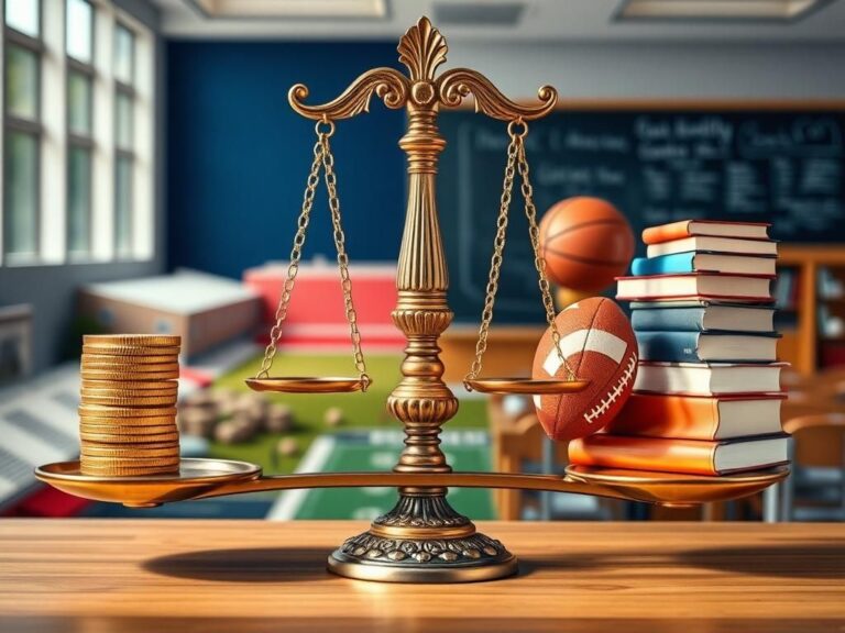 Flick International Abstract representation of educational policies and sports compensation with a scale balancing NIL compensation and educational assets