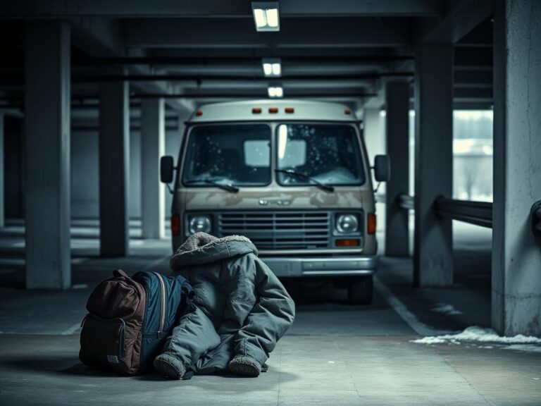 Flick International Weathered van in a dimly lit parking garage symbolizing homelessness