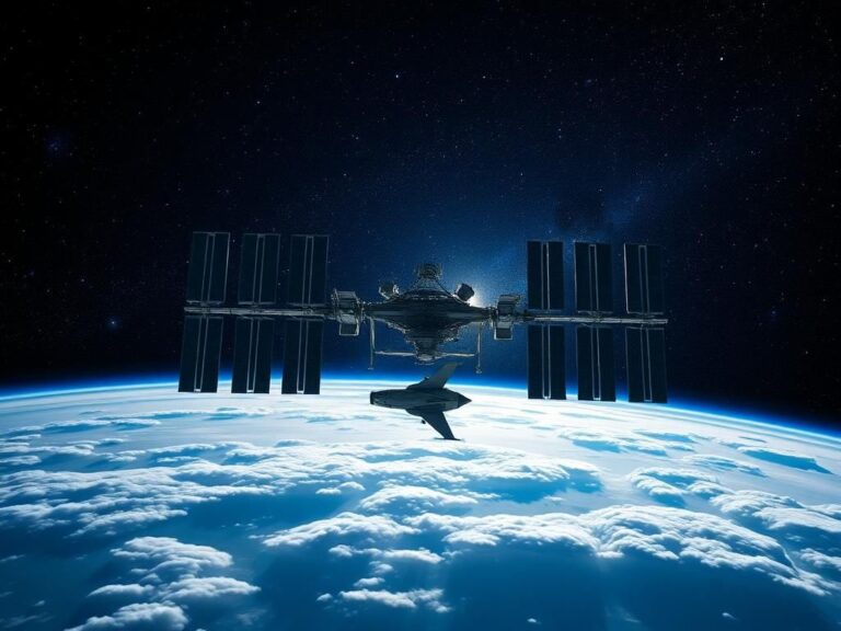 Flick International International Space Station with SpaceX Dragon spacecraft docked against Earth and deep space