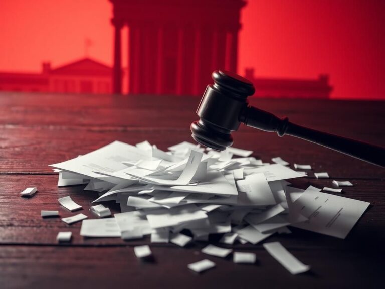 Flick International A gavel striking down on legal documents amidst symbolic shadows of courthouse pillars and the White House.