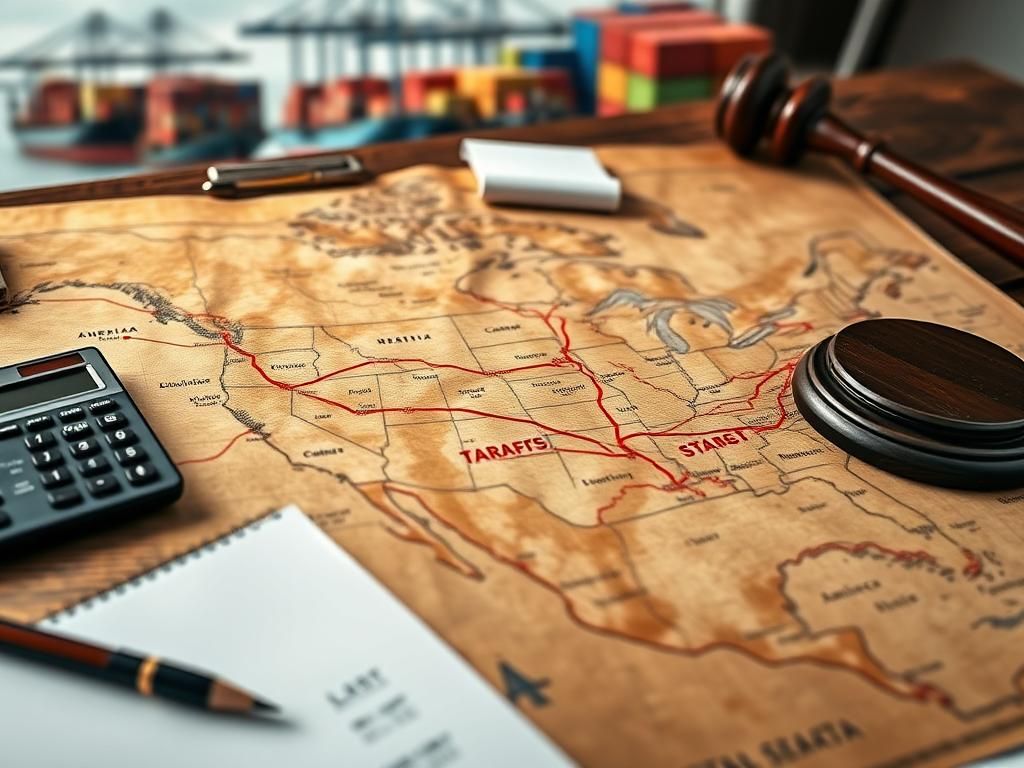 Flick International Close-up view of a weathered map of North America with marked trade routes in red ink on a wooden table